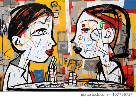 Conversation between two friends in a canteen. Simple and naive childrens drawing of 2 bored kids 107796724