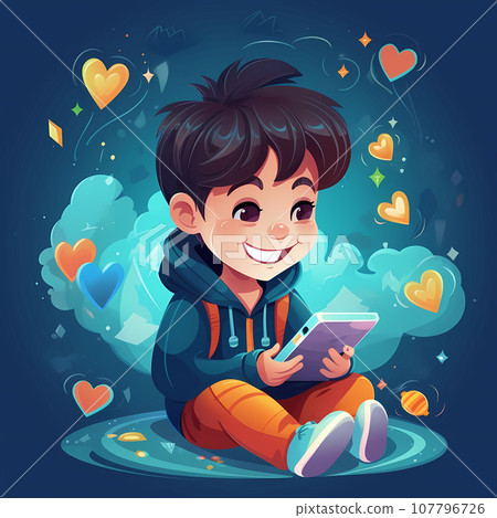 Happy little kid playing games on a smartphone. Young boy feeling excited about his new tablet 107796726