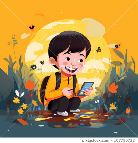 Happy little kid playing games on a smartphone. Young boy feeling excited about his new phone 107796728