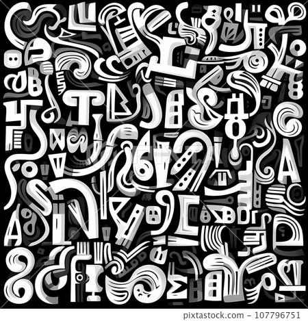A cryptic message in black and white. The chaos of coded letters and numbers. An abstract pattern of text and figures. A geometric illustration of data and information A cryptic message in black and white. The chaos of coded letters and numbers. An abstract pattern of text and figures. A geometric illustration of data and information 107796751
