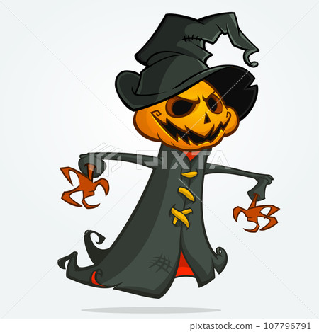 Grim reaper pumpkin head cartoon character. Halloween jack o lantern illustration design for party invitation or poster. Vector scarecrow 107796791