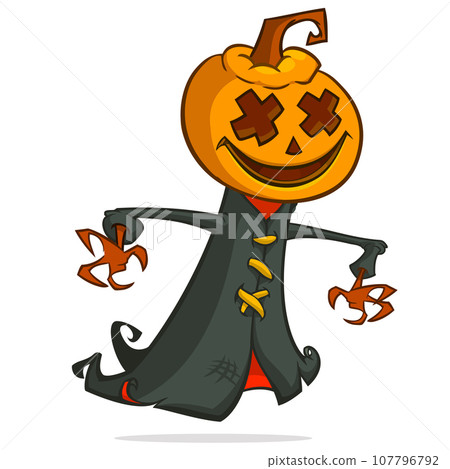 Grim reaper pumpkin head cartoon character. Halloween jack o lantern illustration design for party invitation or poster. Vector scarecrow Grim reaper pumpkin head cartoon character. Halloween jack o lantern illustration design for party invitation or poster. Vector scarecrow 107796792