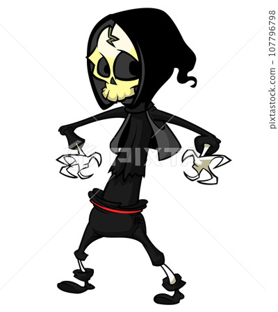 Grim reaper cartoon character with scythe. Halloween skeleton design for party invitation or poster. Vector isolated Grim reaper cartoon character with scythe. Halloween skeleton design for party invitation or poster. Vector isolated 107796798
