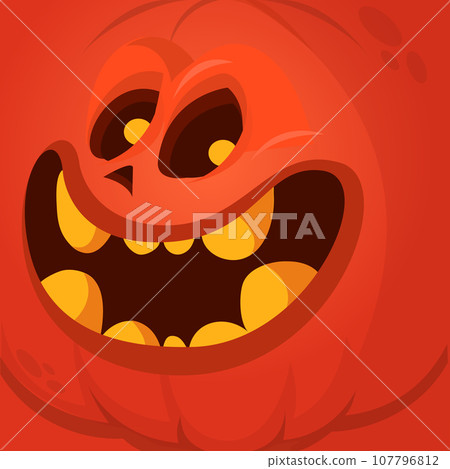 Cartoon funny  Halloween pumpkin head with scary face expression. Vector illustration of jack-o-lantern monster character design with carved emotion 107796812