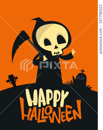 Cartoon grim reaper with scythe. Halloween scary death character illustration. Party poster Cartoon grim reaper with scythe. Halloween scary death character illustration. Party poster 107796822