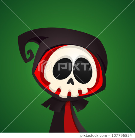 Cartoon grim reaper with scythe. Halloween scary death character illustration. Party poster Cartoon grim reaper with scythe. Halloween scary death character illustration. Party poster 107796834