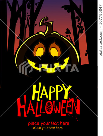 Halloween pumpkin head with scary face expression. Vector illustration of jack-o-lantern monster character design with carved emotion isolated on the night background with trees and moon. Party poster Halloween pumpkin head with scary face expression. Vector illustration of jack-o-lantern monster character design with carved emotion isolated on the night background with trees and moon. Party poster 107796847