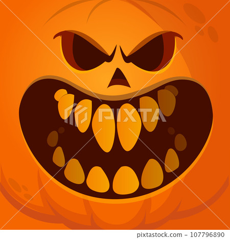 Cartoon funny  Halloween pumpkin head with scary face expression. Vector illustration of jack-o-lantern monster character design with carved emotion 107796890