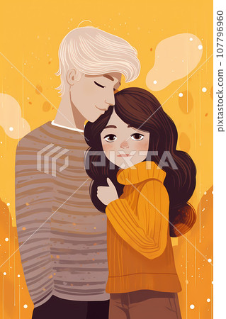 Illustration of a cute white teenage couple in sweaters hugging. Puppy love of two young people. A tender moment between a boy and a girl embracing each other 107796960