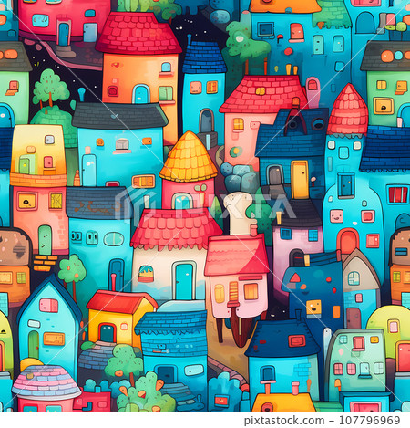 Residential district of a colorful cozy cartoon town. Aerial view of a city with small red and blue houses in summer. Seamless tile illustration 107796969