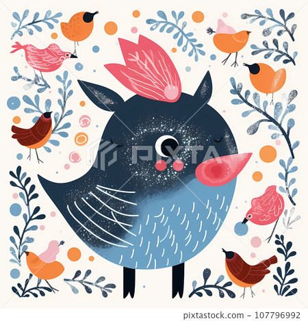 Childrens gouache drawing of a cute funny bird in the winter forest. Simple colorful illustration of many different birds in a garden 107796992