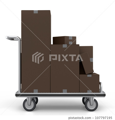 Airport luggage cart or baggage trolley side with cardboard boxes or cartons 107797195