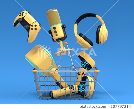 Gamer gears like mouse, keyboard, joystick, headset, VR, web camera in basket Gamer gears like mouse, keyboard, joystick, headset, VR, web camera in basket 107797214