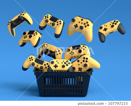 Gamer gears like mouse, keyboard, joystick, headset, VR, web camera in basket Gamer gears like mouse, keyboard, joystick, headset, VR, web camera in basket 107797215