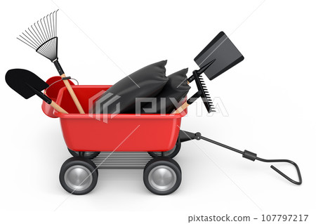 Garden wheelbarrow with garden tools like shovel, watering can and fork on white Garden wheelbarrow with garden tools like shovel, watering can and fork on white 107797217