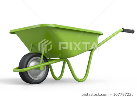 Garden wheelbarrow isolated on white background. Handcart with wheel. 107797223