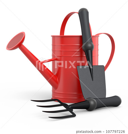Watering can with garden tools like shovel, rake and fork on white background. 107797226