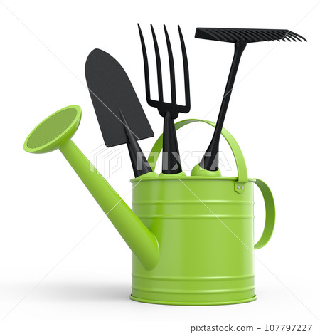 Watering can with garden tools like shovel, rake and fork on white background. Watering can with garden tools like shovel, rake and fork on white background. 107797227