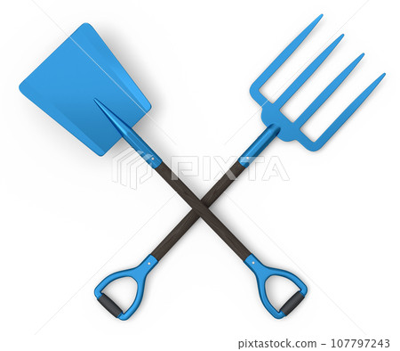Set of garden pitchfork and shovel with wooden handle for harvesting hay 107797243