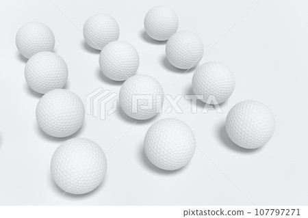 Set of golf ball lying in row on monochrome background 107797271