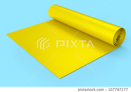 Yellow yoga mat or lightweight foam camping bed roll pad isolated on blue . Yellow yoga mat or lightweight foam camping bed roll pad isolated on blue . 107797277