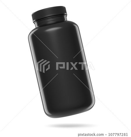 Black plastic jar for sport nutrition whey protein powder isolated on white 107797281