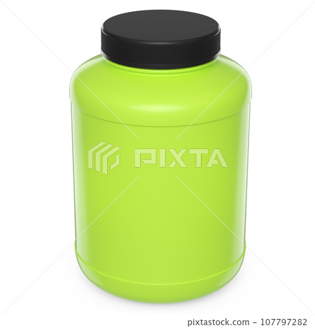 Green plastic jar for sport nutrition whey protein powder isolated on white 107797282
