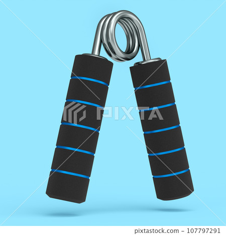 Iron hand expander or resistance band with rubber handle isolated on blue. 107797291