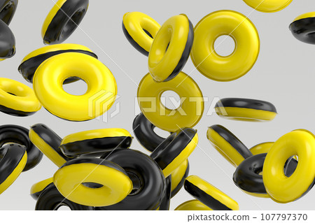 Many of flying inflatable ring for swimming pool isolated on white background 107797370