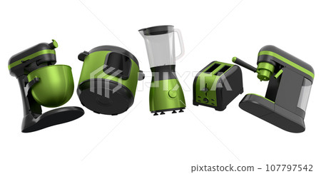 Kitchen appliances and utensils for making breakfast on white background Kitchen appliances and utensils for making breakfast on white background 107797542
