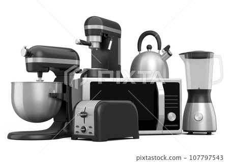 Kitchen appliances and utensils for making breakfast on white background 107797543