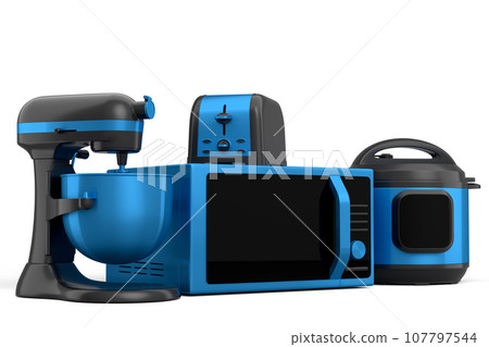 Kitchen appliances and utensils for making breakfast on white background Kitchen appliances and utensils for making breakfast on white background 107797544