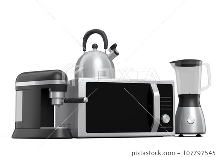 Kitchen appliances and utensils for making breakfast on white background 107797545