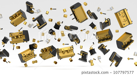 Many of flying espresso machine with horn, cups, geyser coffee maker and grinder 107797577