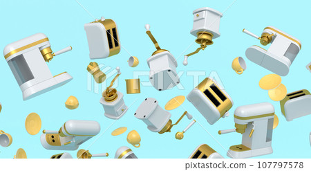 Many of flying espresso machine with horn, cups, geyser coffee maker and grinder Many of flying espresso machine with horn, cups, geyser coffee maker and grinder 107797578