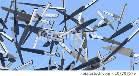 Many of flying chef's kitchen knives on blue background 107797579