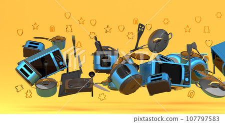 Electric kitchen appliances and utensils for making pastry on yellow background Electric kitchen appliances and utensils for making pastry on yellow background 107797583