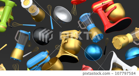 Electric kitchen appliances and utensils for making pastry on black background Electric kitchen appliances and utensils for making pastry on black background 107797584