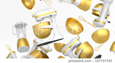 Electric kitchen appliances and utensils for making pastry on white background 107797585