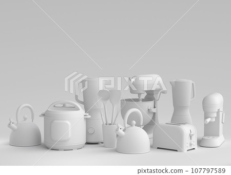 Kitchen appliances and utensils for making breakfast on monochrome background Kitchen appliances and utensils for making breakfast on monochrome background 107797589