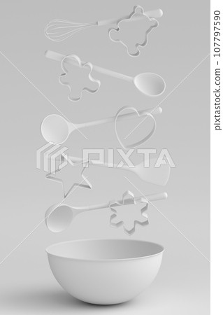 Metal bowl with bowl and cookie cutters on monochrome background Metal bowl with bowl and cookie cutters on monochrome background 107797590