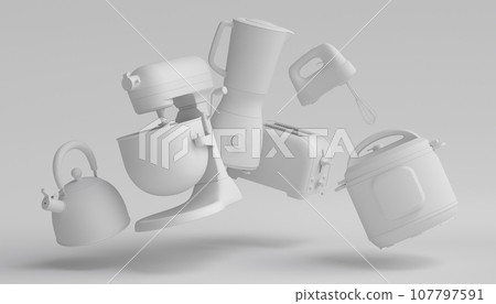 Kitchen appliances and utensils for making breakfast on monochrome background Kitchen appliances and utensils for making breakfast on monochrome background 107797591
