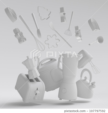 Espresso coffee machine, hand mixer, kettle and toaster on monochrome background Espresso coffee machine, hand mixer, kettle and toaster on monochrome background 107797592