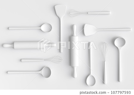 Wooden kitchen utensils, tools and equipment on monochrome background. 107797593