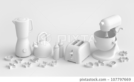 Mixer and bowl with kitchen utensil for preparation of dough on white background Mixer and bowl with kitchen utensil for preparation of dough on white background 107797669