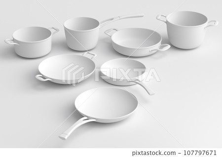 Set of flying stewpot, frying pan and chrome plated cookware on monochrome Set of flying stewpot, frying pan and chrome plated cookware on monochrome 107797671