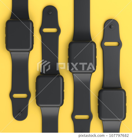 Stack of monochrome smart watches with colorful straps on yellow background. Stack of monochrome smart watches with colorful straps on yellow background. 107797682