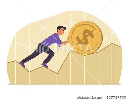 Businessman Push a Big Coin of Dollar Currency on Graph Chart for Financial Concept Illustration Businessman Push a Big Coin of Dollar Currency on Graph Chart for Financial Concept Illustration 107797765