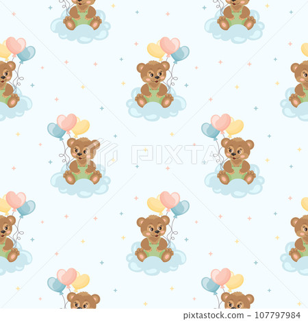 Seamless pattern, cute cartoon teddy bear with balloons on a cloud. Children's print, background, textile. Vector Seamless pattern, cute cartoon teddy bear with balloons on a cloud. Children's print, background, textile. Vector 107797984
