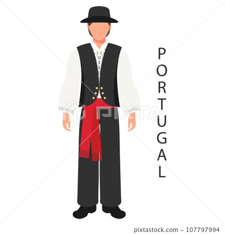 A man in a Portuguese national traditional costume. Culture and traditions of Portugal. Illustration, vector A man in a Portuguese national traditional costume. Culture and traditions of Portugal. Illustration, vector 107797994